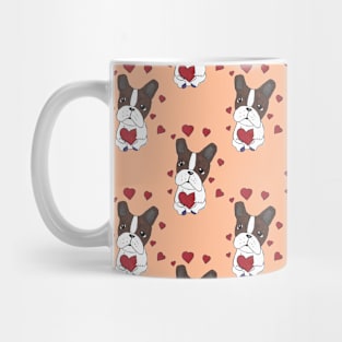 Boston Terrier Dog with Hearts Pattern on a Peach Background Mug